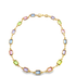 A gold chain necklace displays a repeating pattern of rectangular pastel gemstone crystals in shades of blue, green, pink, and purple.