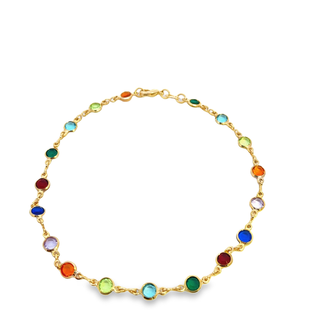 A delicate gold chain bracelet features vibrant multicolored gemstone stations arranged in a circular display against a clean white background.