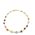 A delicate gold chain bracelet features vibrant multicolored gemstone stations arranged in a circular display against a clean white background.
