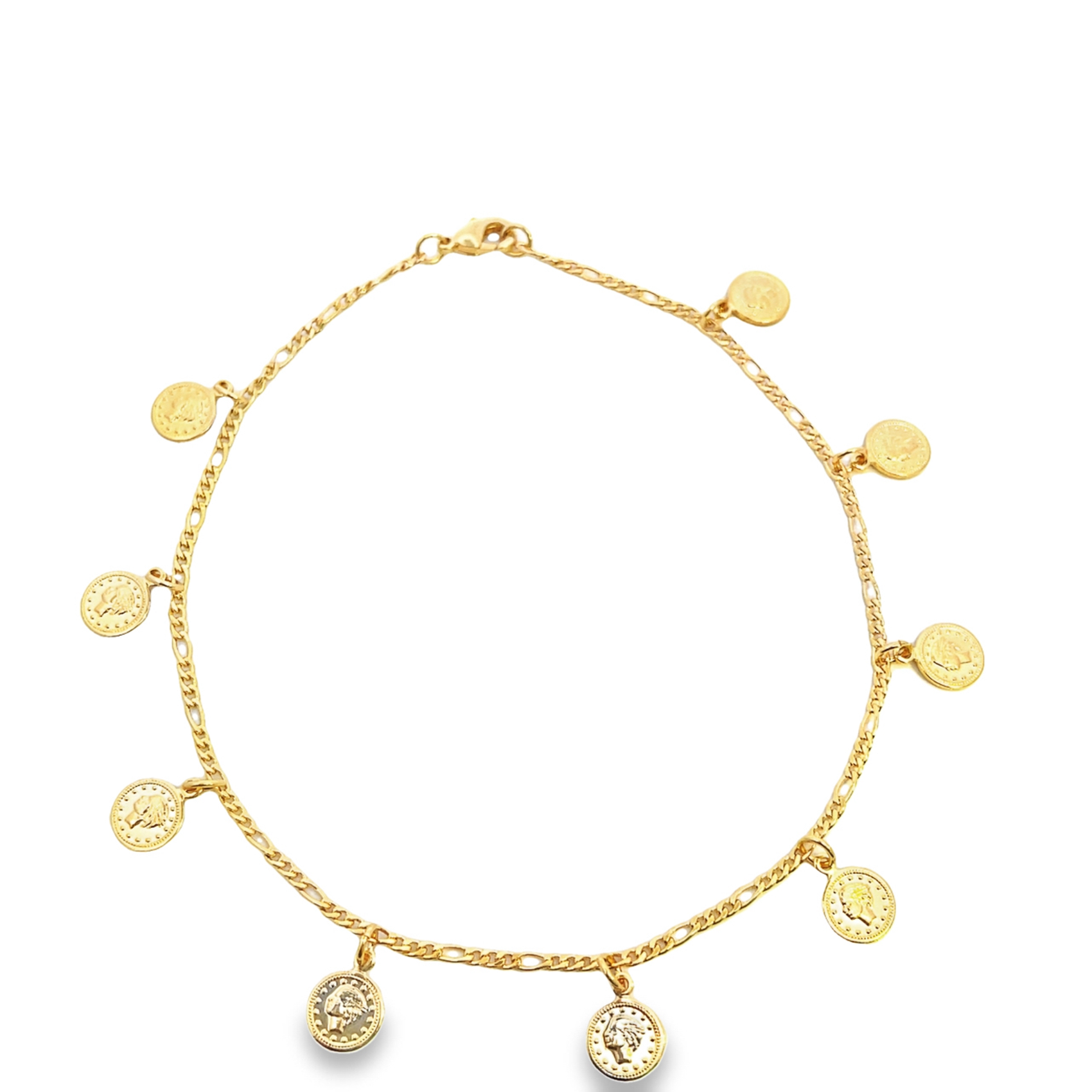 A delicate gold chain bracelet features dangling coin charms against a clean white background.