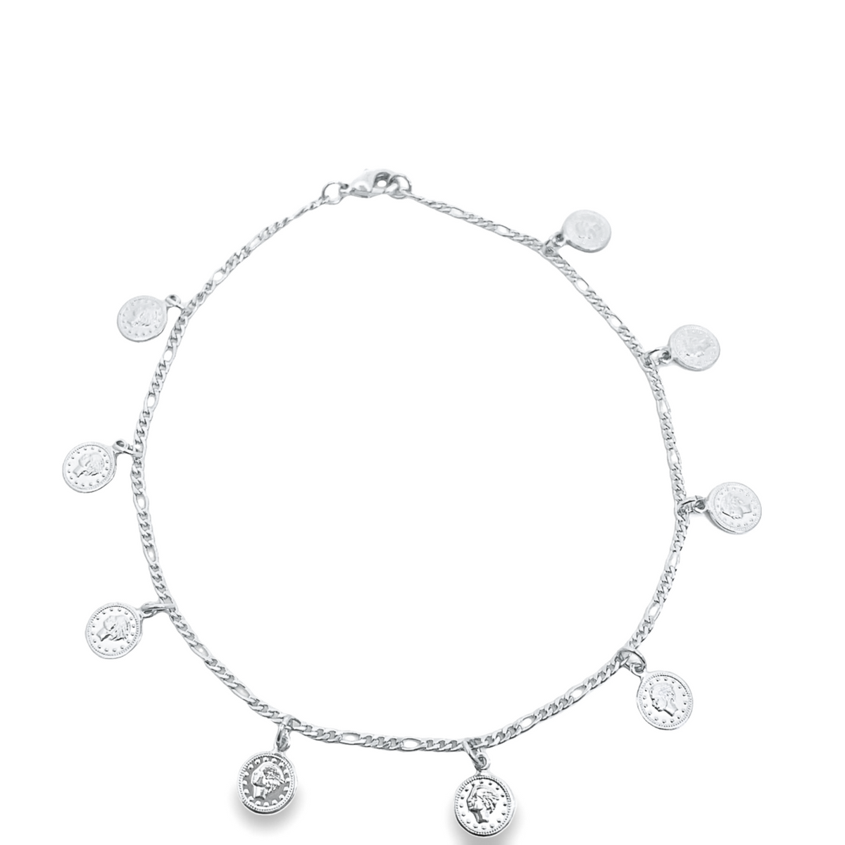 A sterling silver charm anklet features multiple dangling coin pendants against a white background.