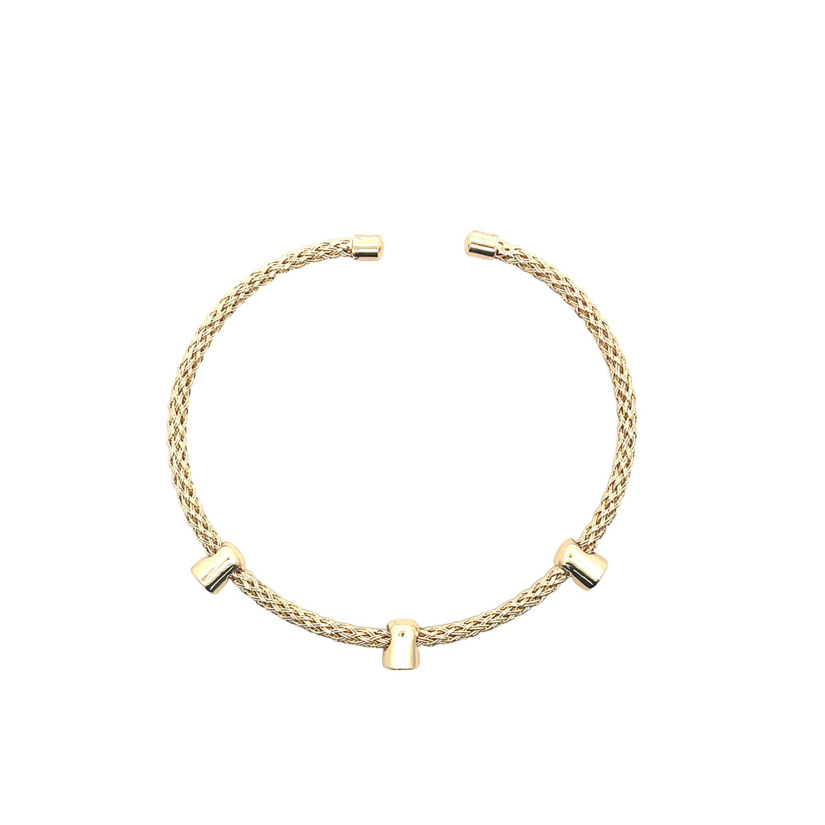 A gold braided cuff bracelet rests against a plain white background, featuring three smooth cylindrical charms and capped ends.