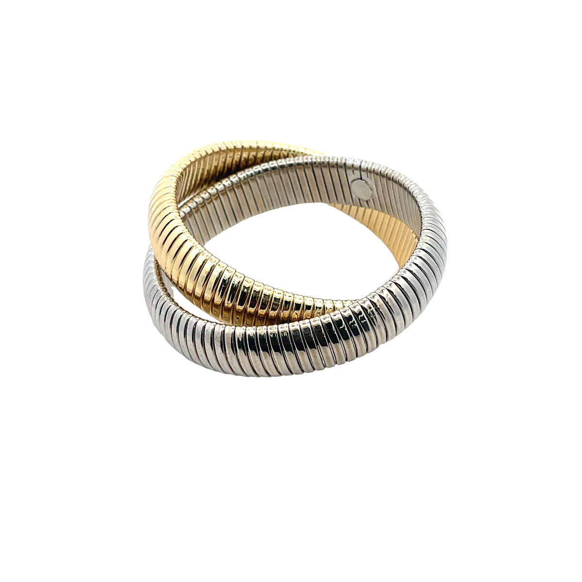 An interlocking dual-tone snake chain bracelet features intertwined bands of gleaming gold and polished silver.
