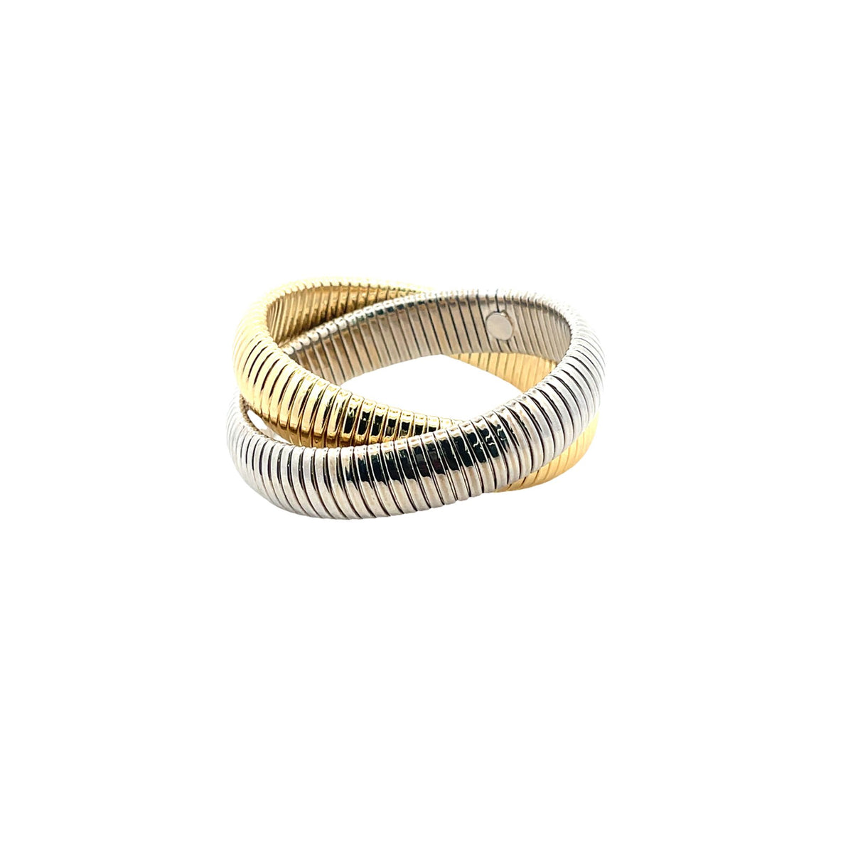 An interlocking two-tone ring features flexible gold and silver snake chain bands twisted together.