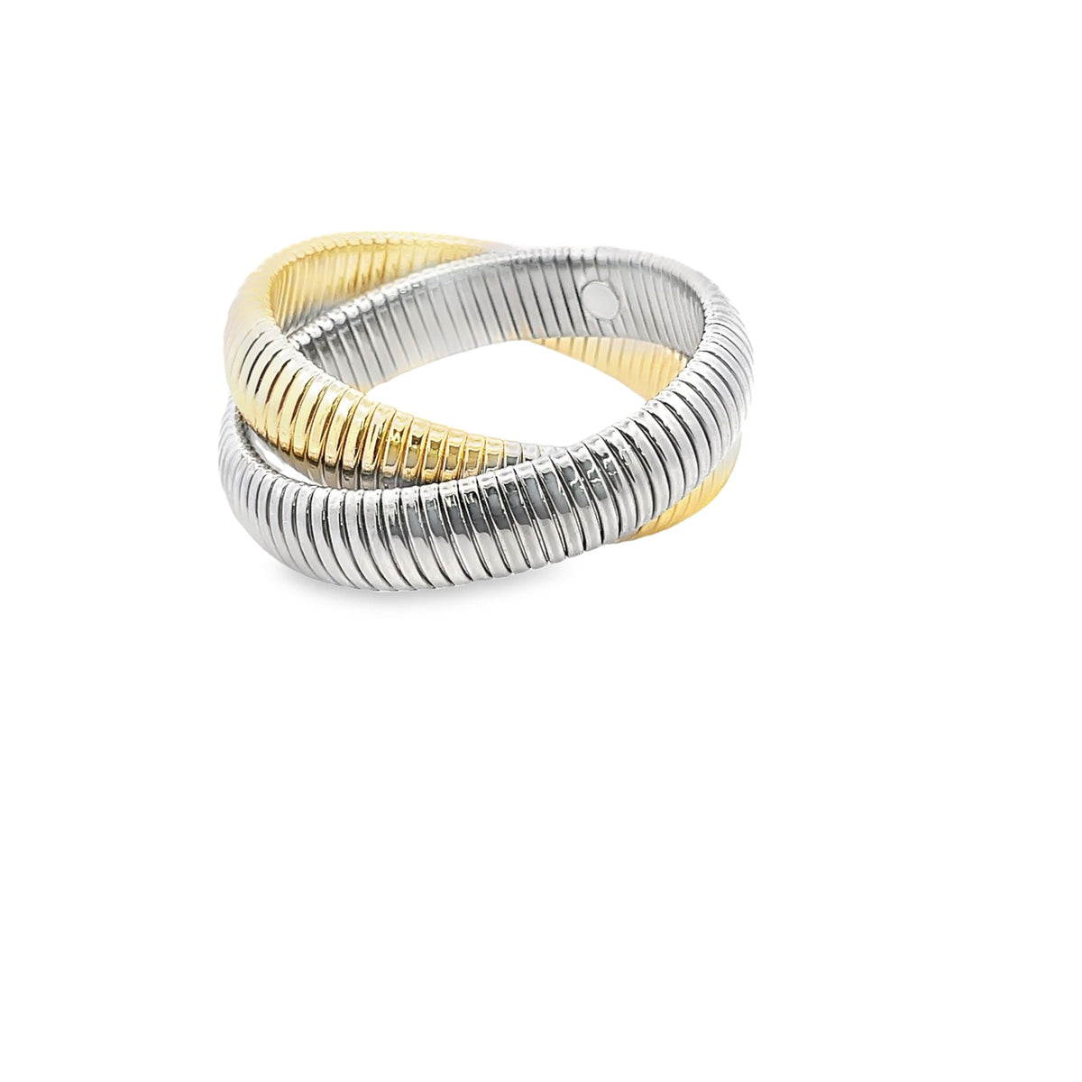 A two-tone interwoven ring features a flexible, ribbed design blending silver and gold bands against a white background.
