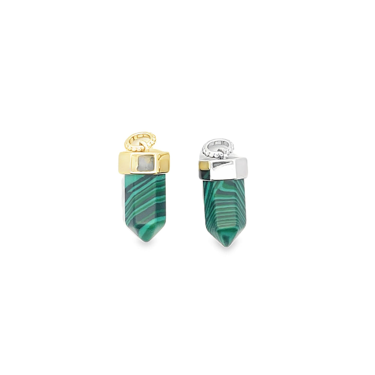 Two faceted malachite crystal gemstone pendants display contrasting gold and silver bails against a clean white background.