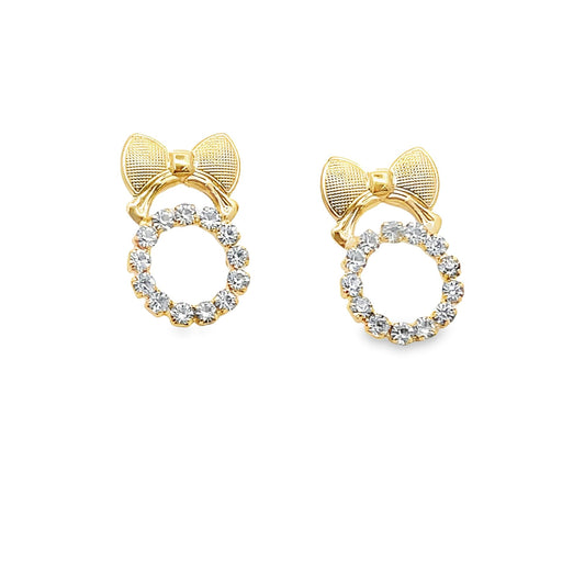 A pair of gold bow earrings features sparkling rhinestone-studded circular drops against a clean white background.