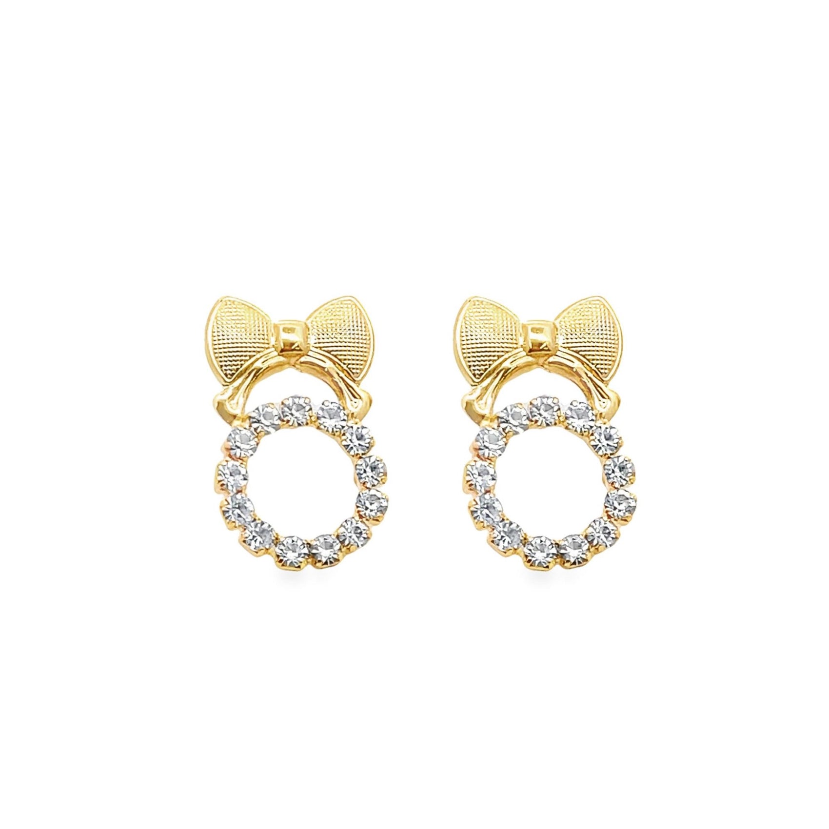 A pair of gold bow earrings features sparkling diamond hoops hanging below textured ribbons against a clean white background.