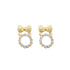 A pair of gold bow earrings features sparkling diamond hoops hanging below textured ribbons against a clean white background.