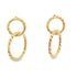 A pair of twisted gold double-loop earrings gleams against a clean white background.