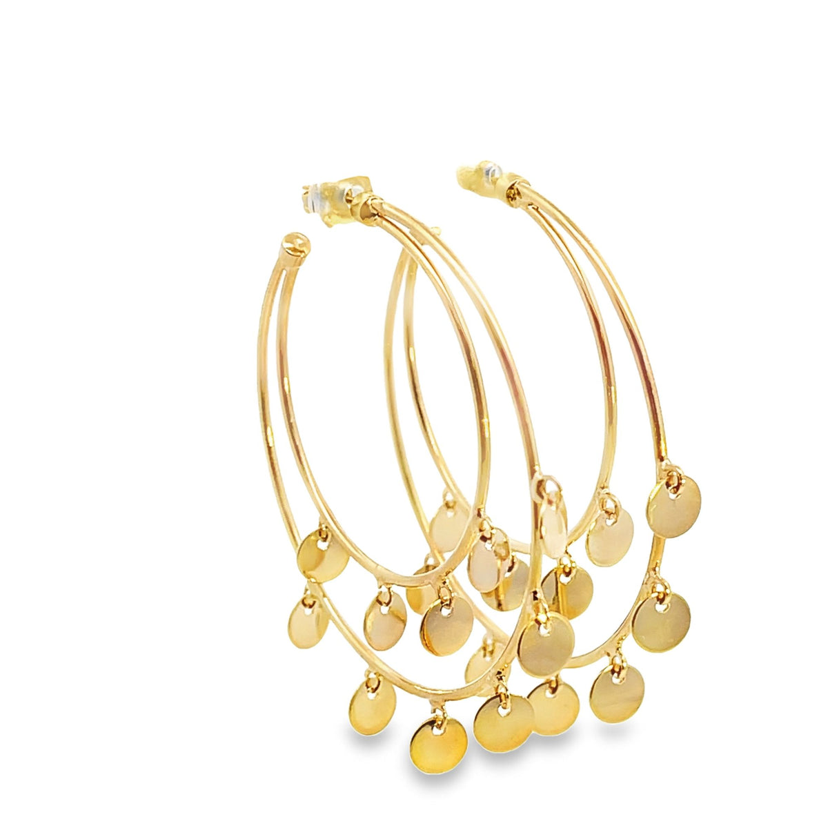 A pair of elegant gold hoop earrings features delicate coin charms dangling from double-band hoops against a clean white background.