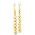 A pair of long, dangling gold bead earrings hangs vertically against a clean white background.