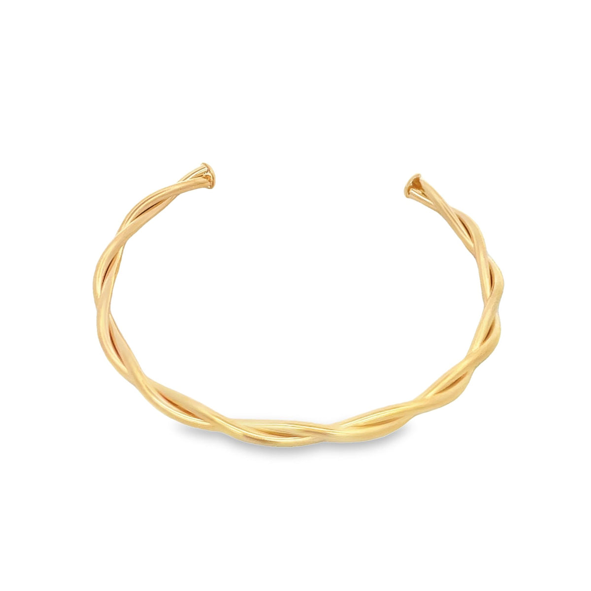 A polished gold cuff bracelet features an elegant twisted rope design against a clean white background.