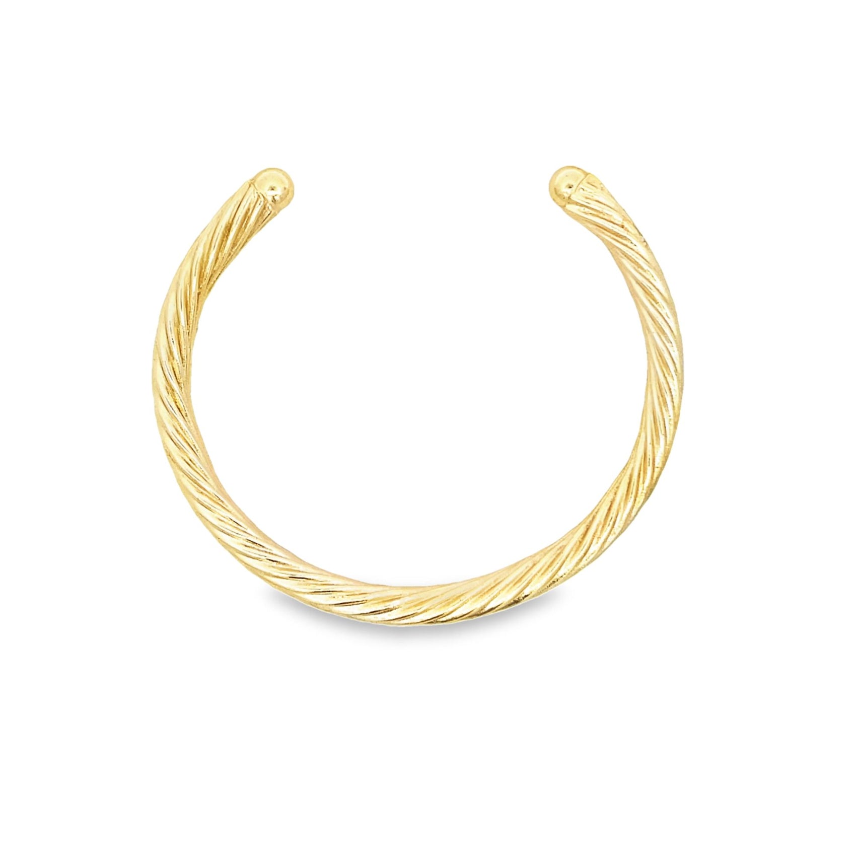 A sleek gold cuff earring features a twisted rope design with smooth ball ends against a clean white background.