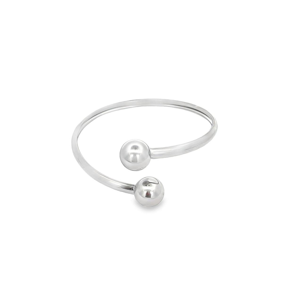 A sleek silver adjustable ring features polished ball ends on a clean white background.