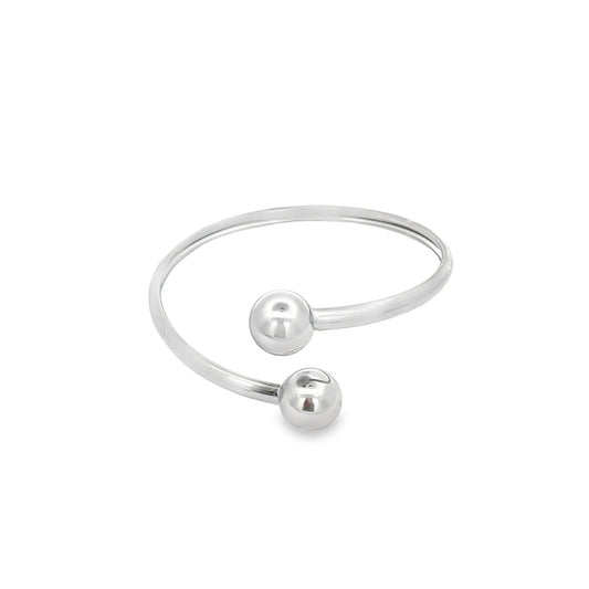 A sleek silver adjustable ring features polished ball ends on a clean white background.