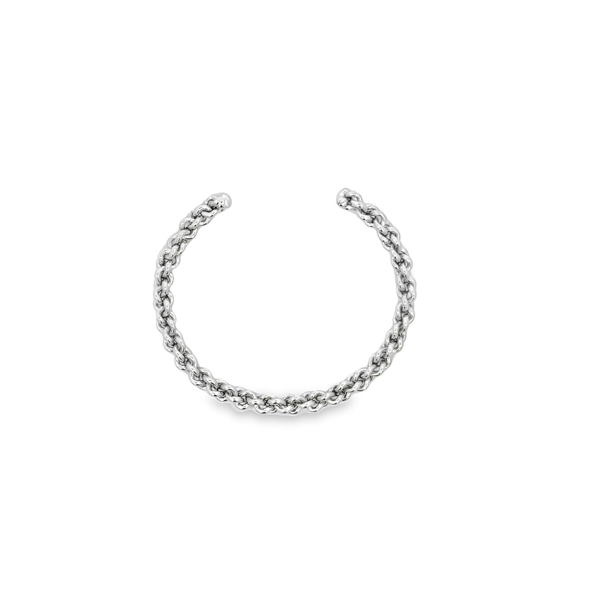 A shiny sterling silver ear cuff displays an intricate twisted rope chain texture.