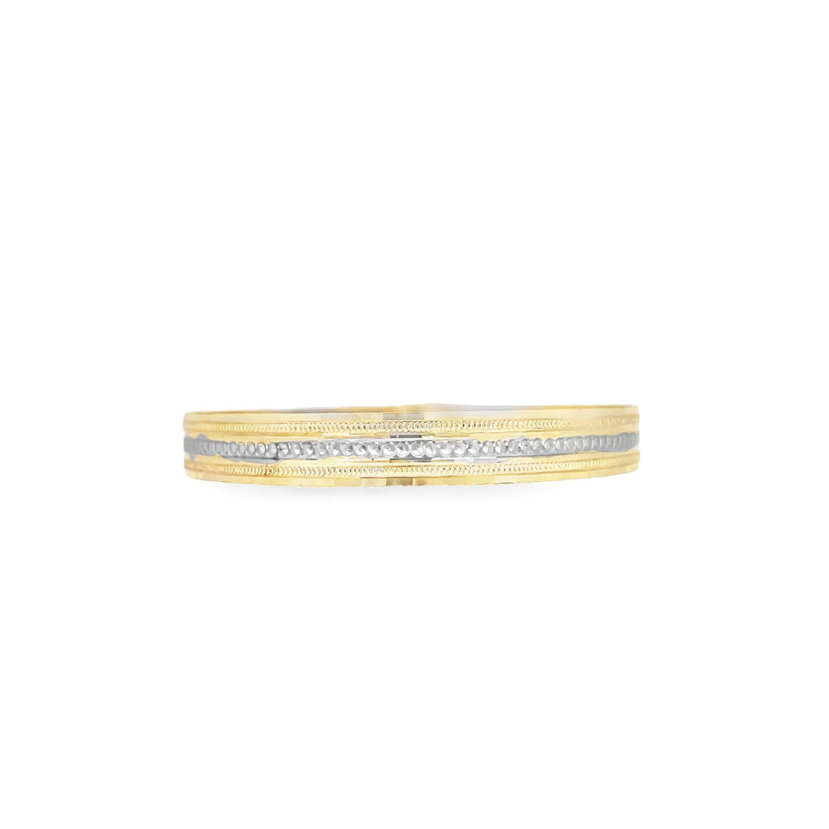 A two-tone gold wedding band features a textured white gold center stripe flanked by yellow gold milgrain borders.