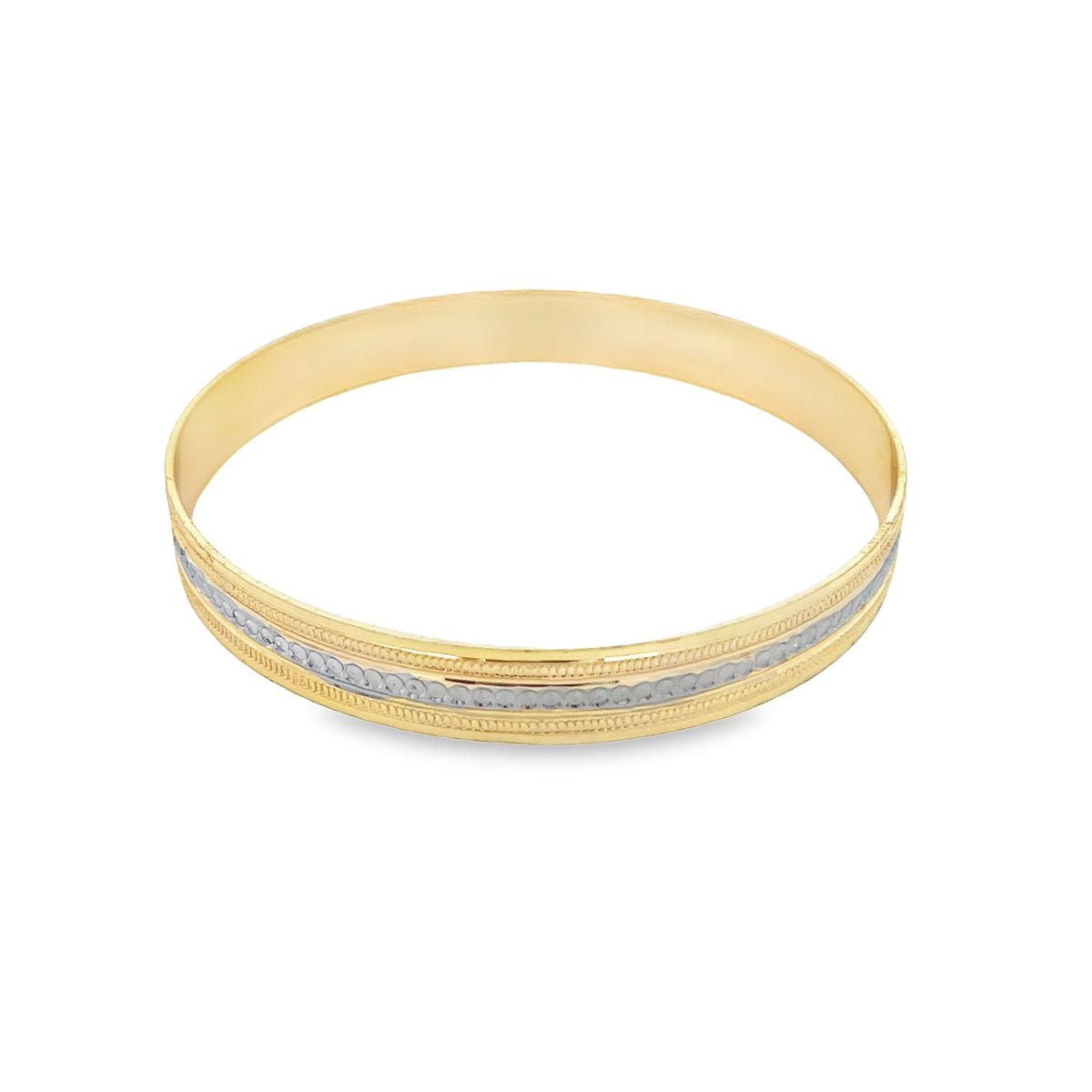 A sleek gold bangle bracelet features a textured silver center stripe against a clean white background.
