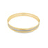 A sleek gold bangle bracelet features a textured silver center stripe against a clean white background.