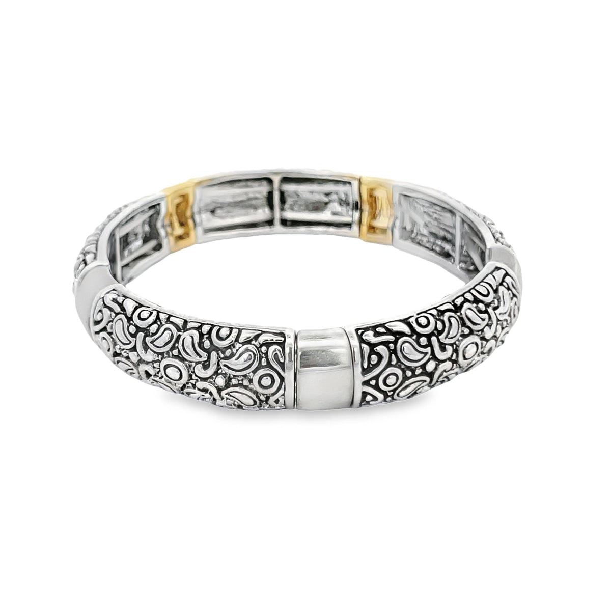 A two-tone silver and gold stretch bracelet displays intricate scrolling paisley patterns against a clean white background.