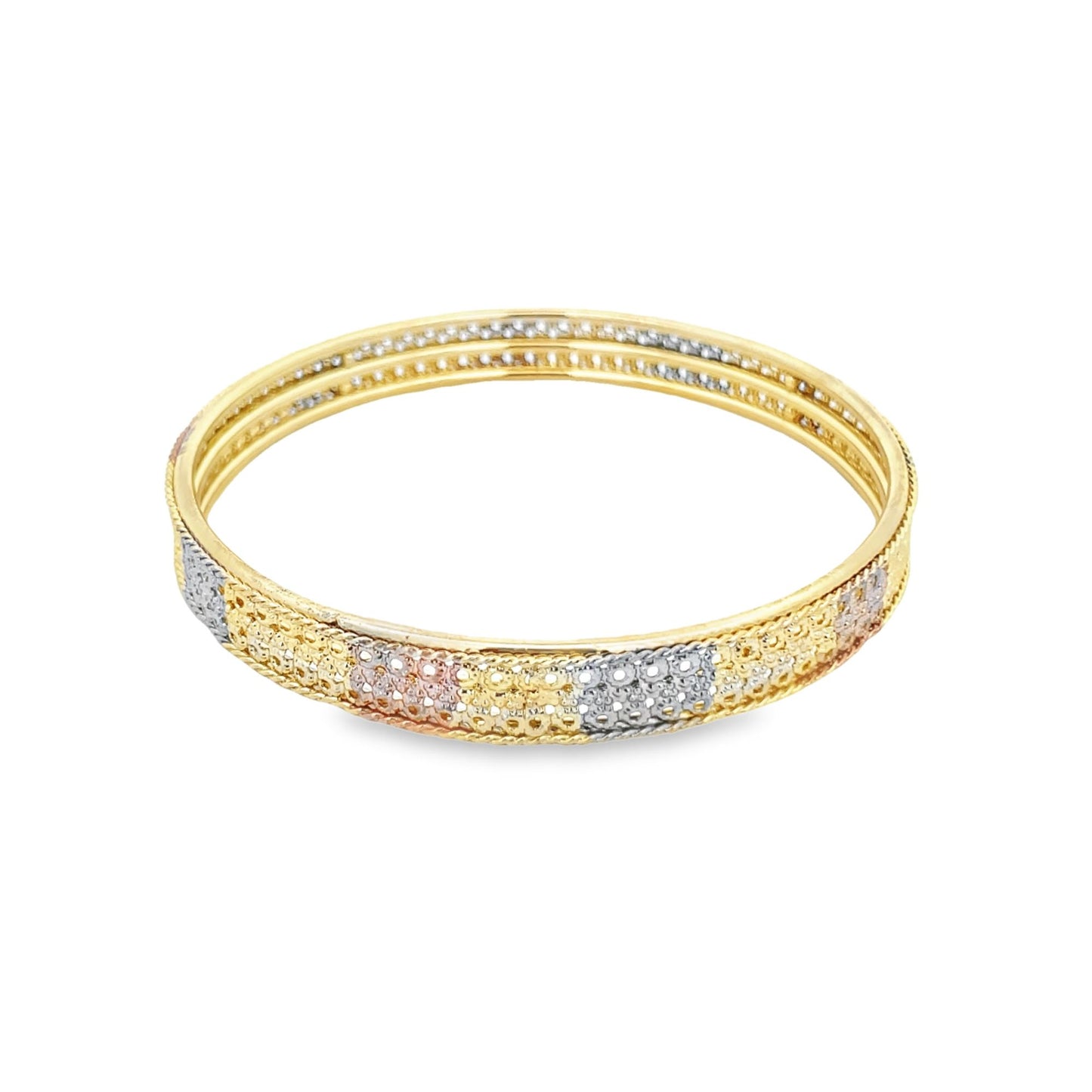 A shiny tri-color gold bangle bracelet gleams against a plain white background.