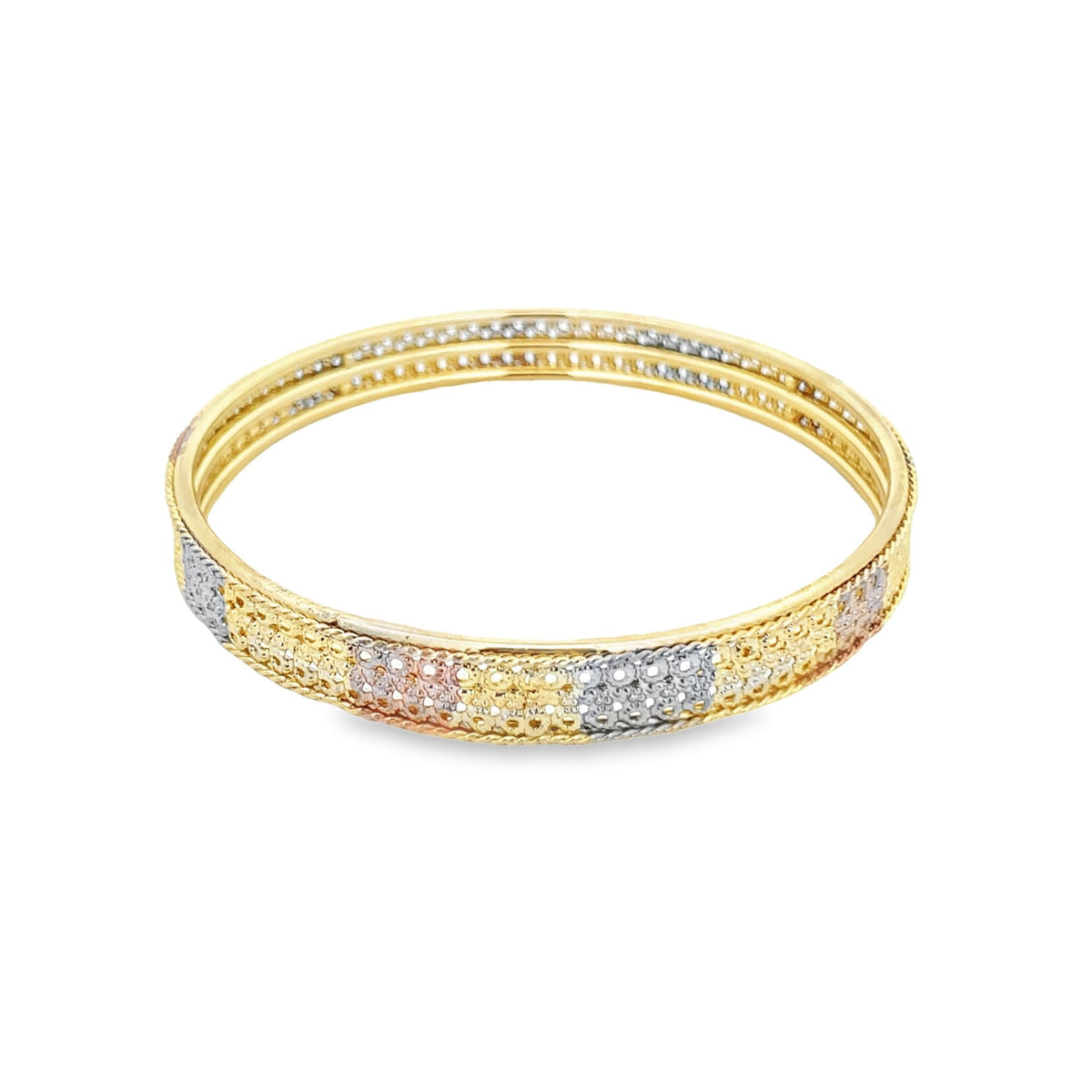 A shiny tri-color gold bangle bracelet gleams against a plain white background.
