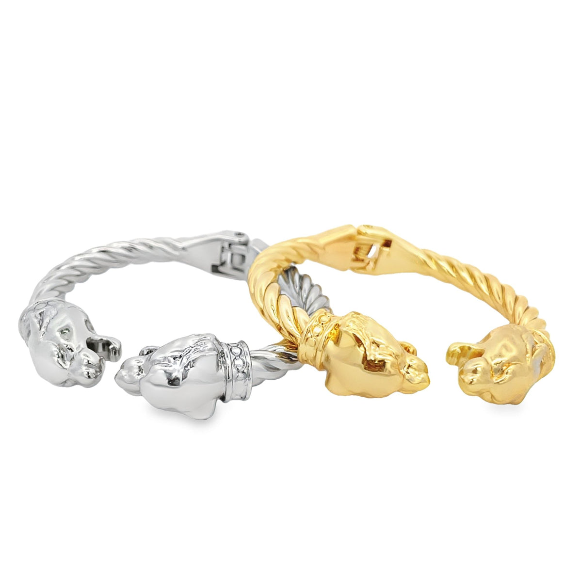 Two hinged metal cuff bracelets featuring detailed animal head motifs showcase twisted rope bands in contrasting silver and gold finishes.