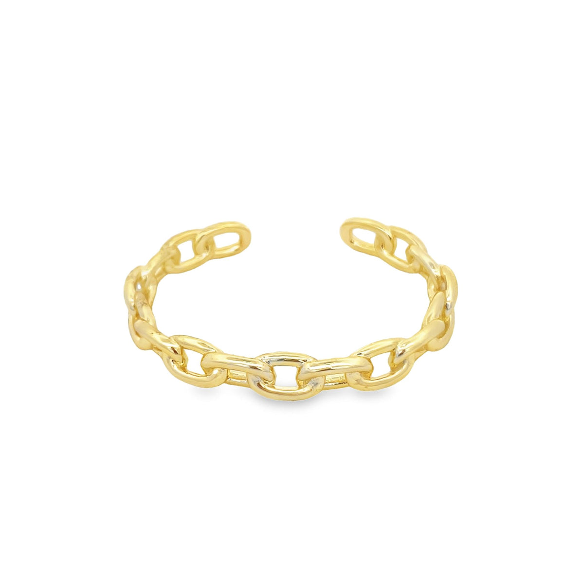 A polished gold chain-link ring sits against a clean white background.