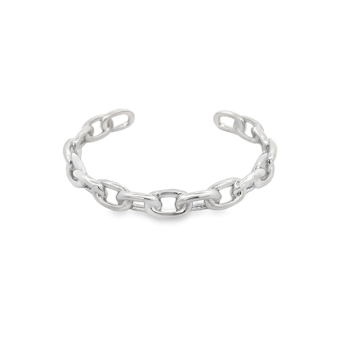 A polished silver chain link cuff ring curves gracefully against a plain white background.