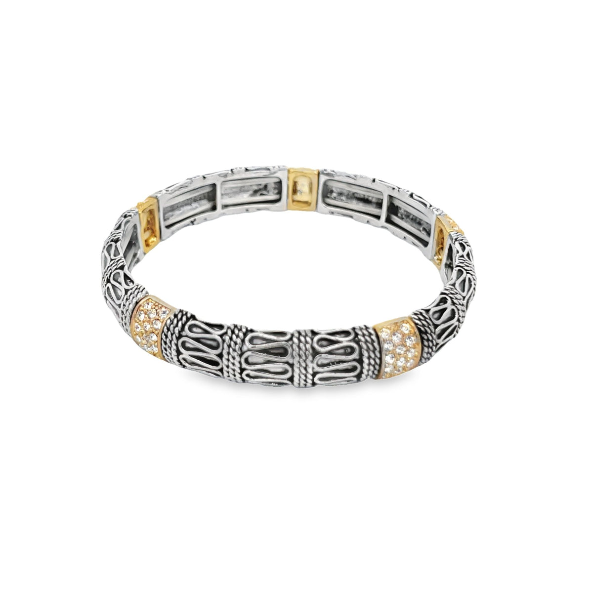 An intricate two-tone silver and gold stretch bracelet features ornate filigree metalwork accented with sparkling cubic zirconia crystals.