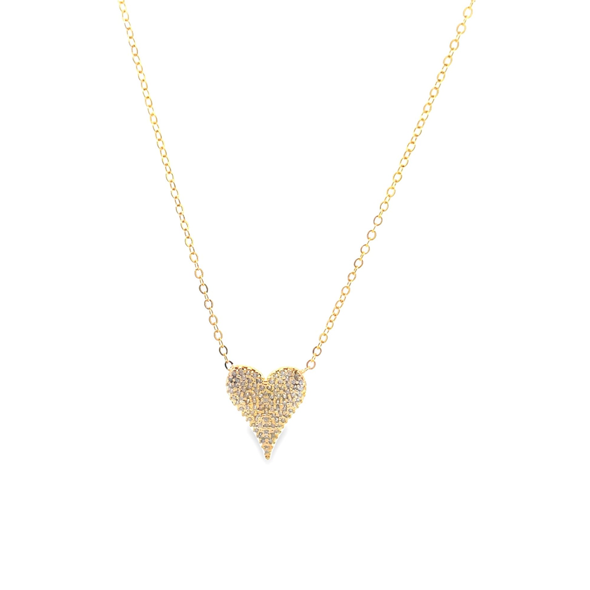 A delicate gold chain necklace features a sparkling pave-set diamond heart pendant against a clean white background.