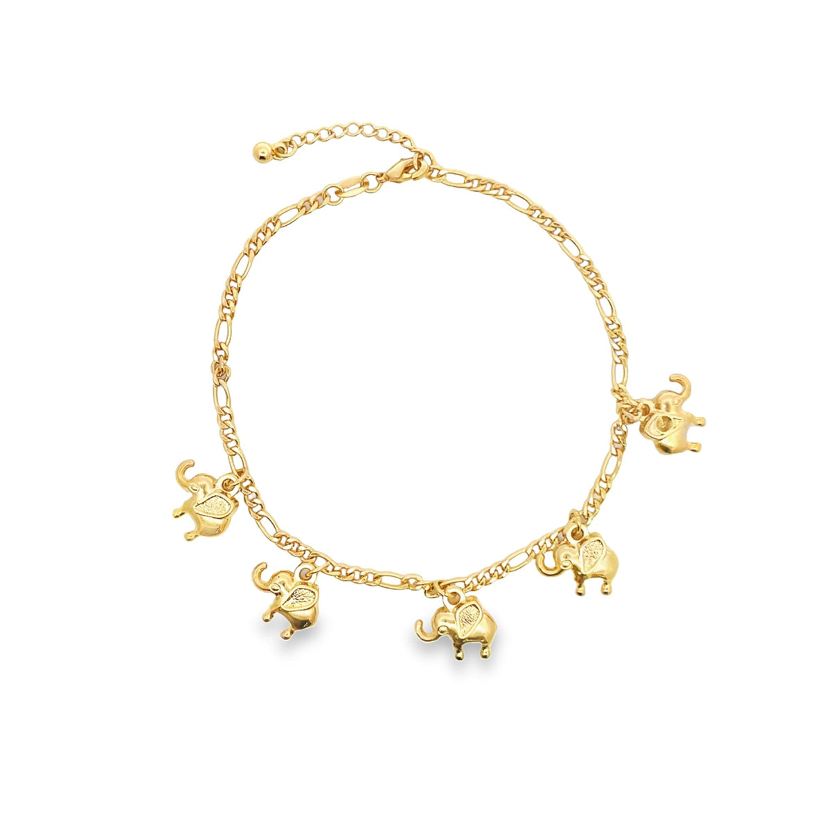A gold link anklet displays dangling elephant charms against a plain white background.