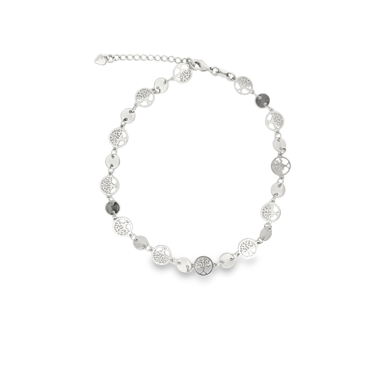 A silver charm bracelet features alternating circular discs and intricate tree of life pendants arranged in a circular display against a clean white background.