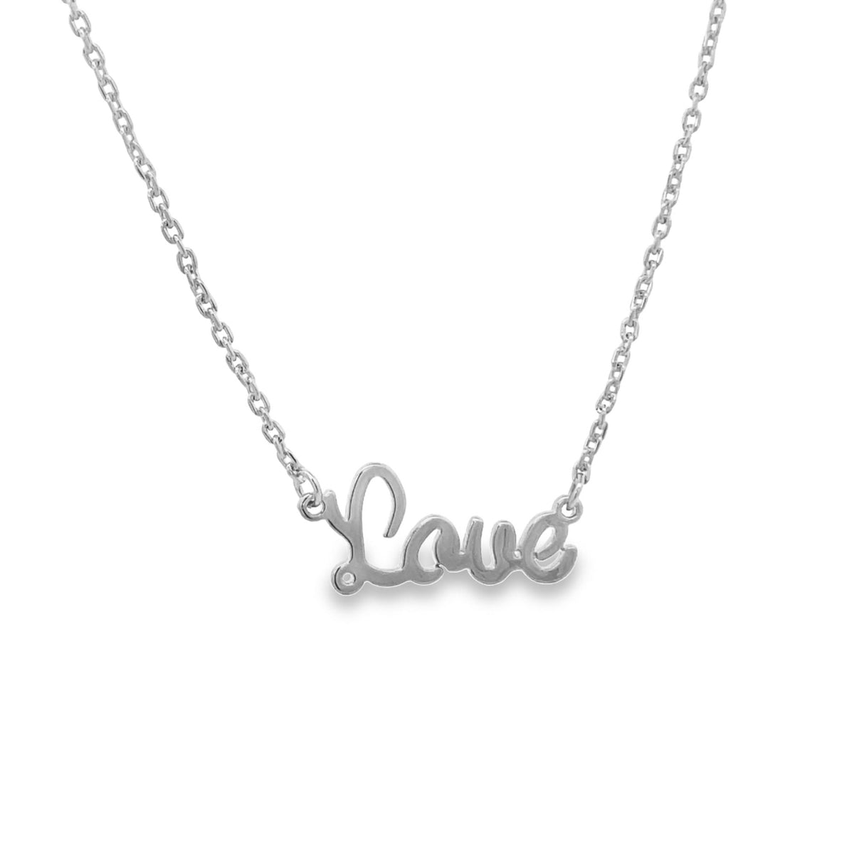 A delicate silver necklace features a cursive pendant that spells the word "Love."