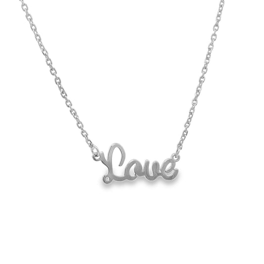 A delicate silver chain necklace features a cursive pendant that spells out the word love against a plain white background.