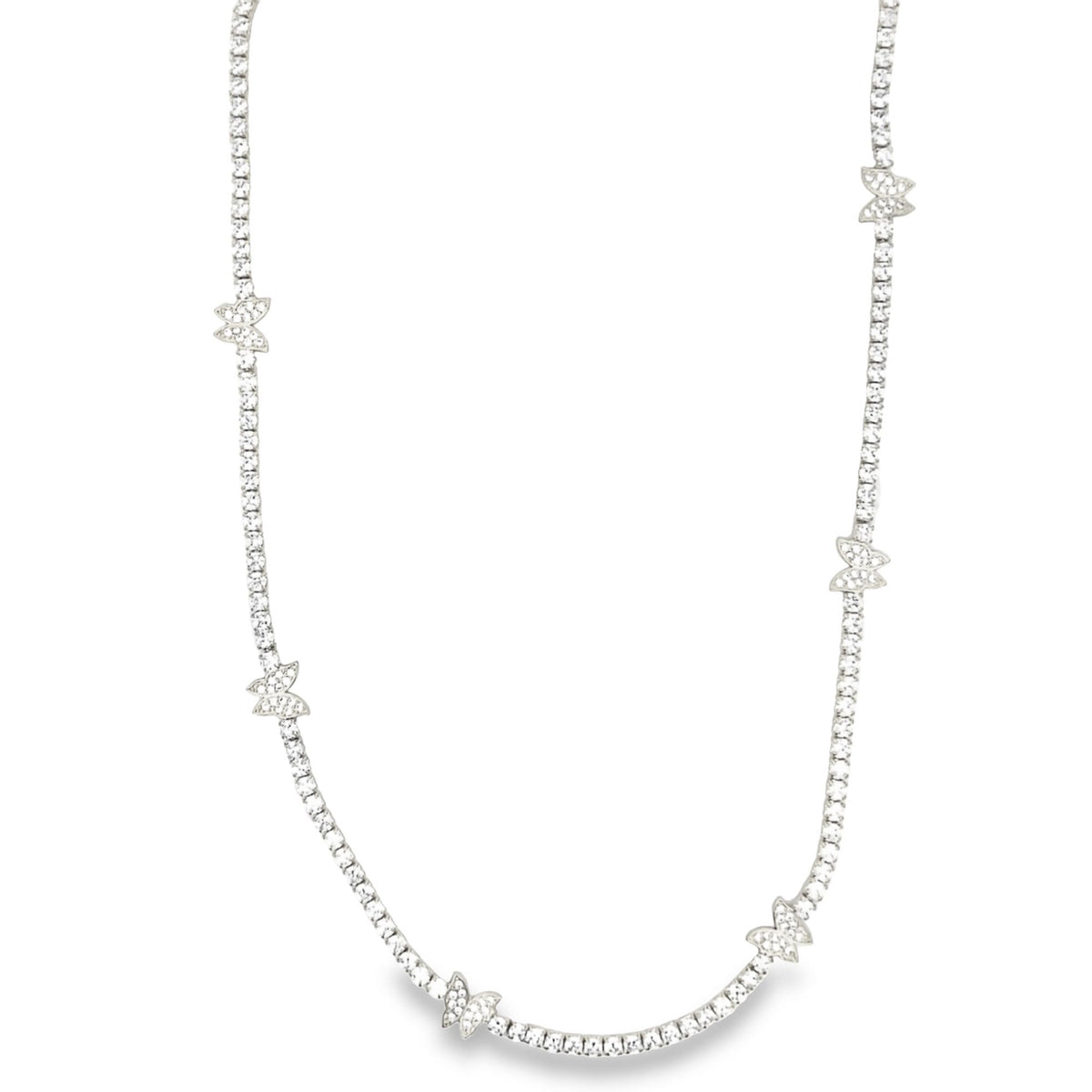 A sparkling diamond tennis necklace features delicate butterfly charms spaced evenly along its silver chain.