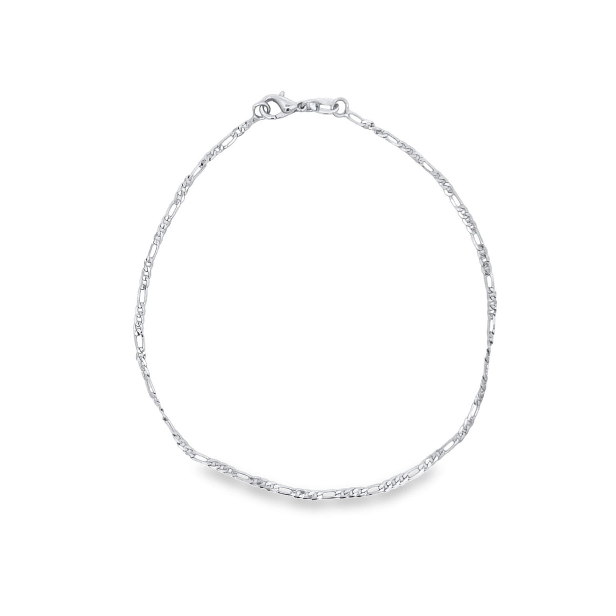 A delicate sterling silver Figaro chain bracelet lies in a gentle curve against a clean white background.