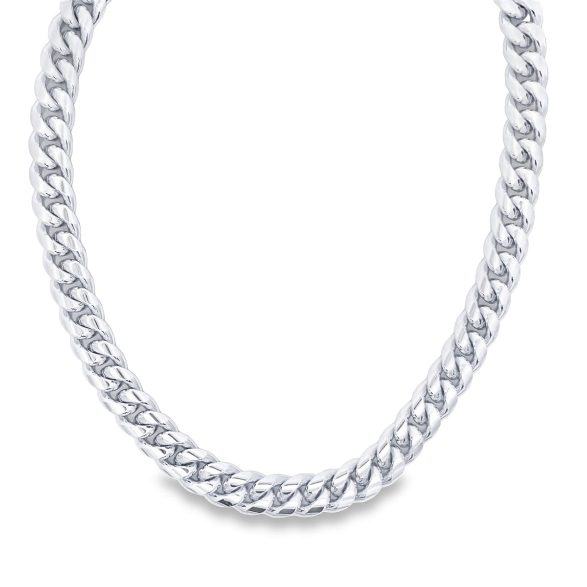 A thick, gleaming silver cubic link chain necklace curves gracefully against a plain white background.