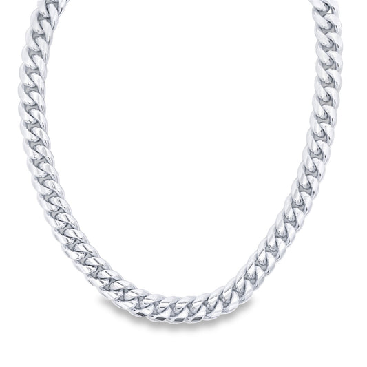 A polished silver Miami Cuban link chain curves gracefully against a plain white background.