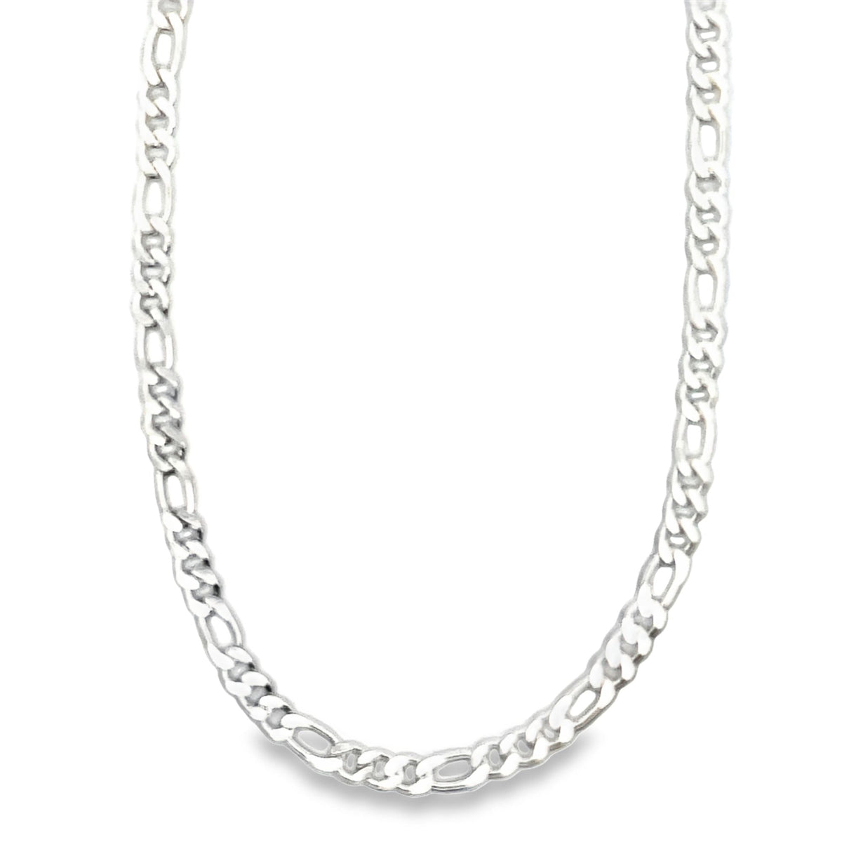 A polished silver Figaro chain necklace drapes in a smooth curve against a clean white background.