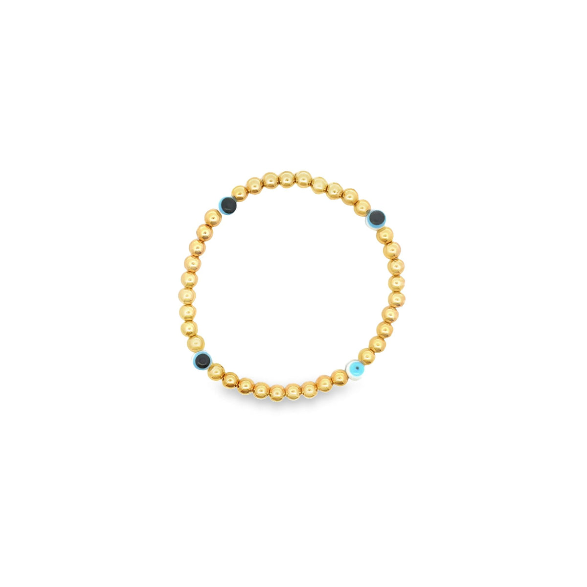 A gold bead bracelet features interspersed evil eye charms against a clean white background.