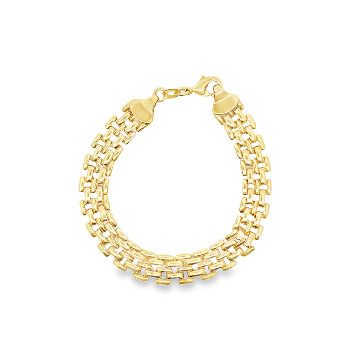 A polished yellow gold link bracelet displays an intricate multi-strand woven brick pattern against a clean white background.