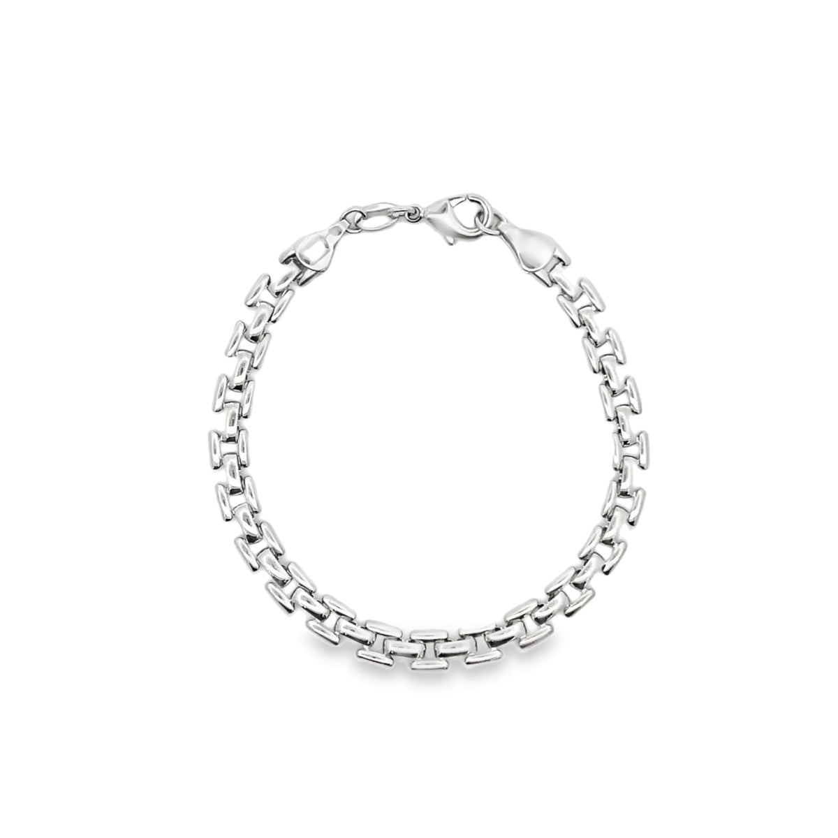 A polished silver link bracelet curves gracefully against a clean white background, showcasing its interlocking rectangular design and secure clasp.