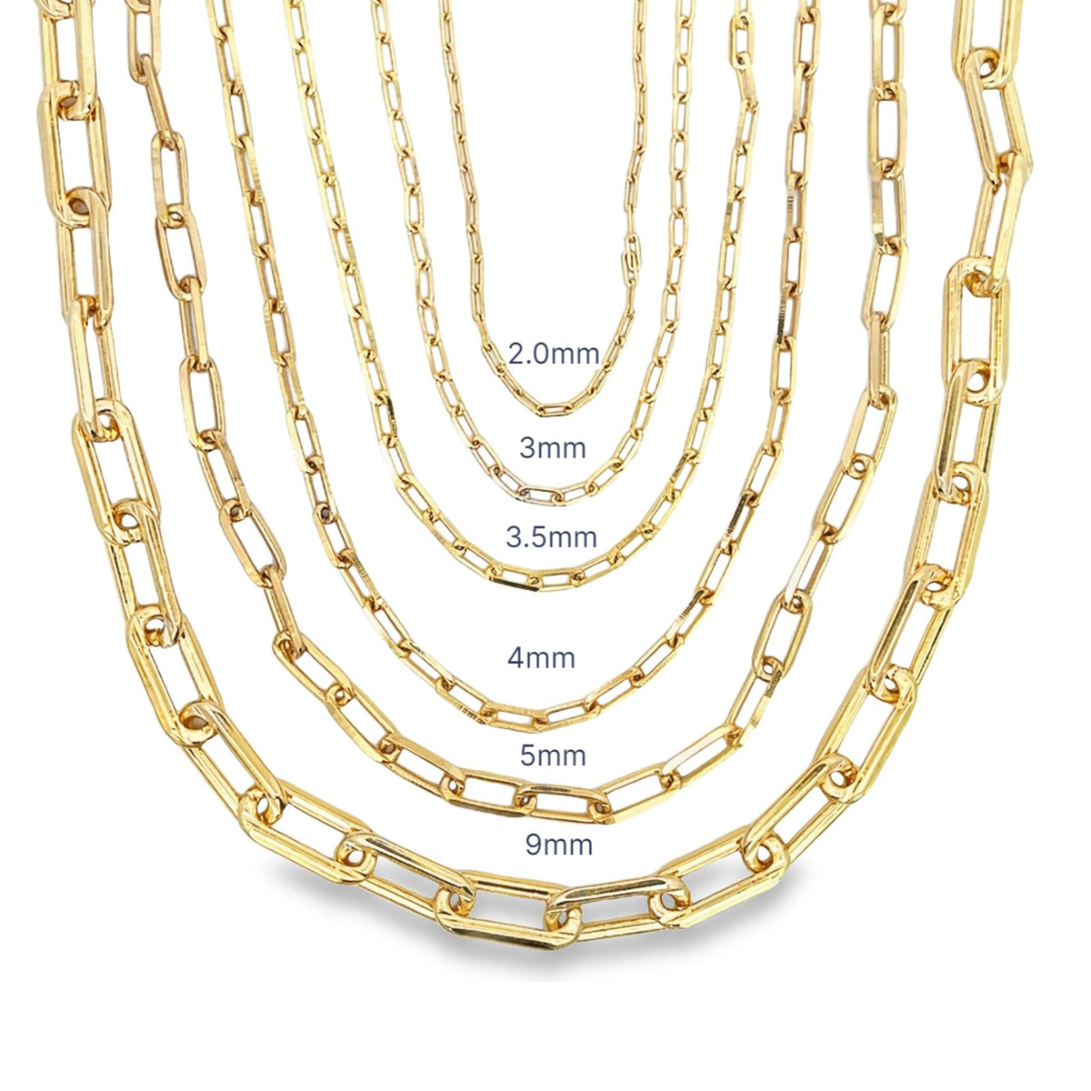Various sizes of gold paperclip chain necklaces ranging from 2.0mm to 9mm are displayed side-by-side to compare width options.