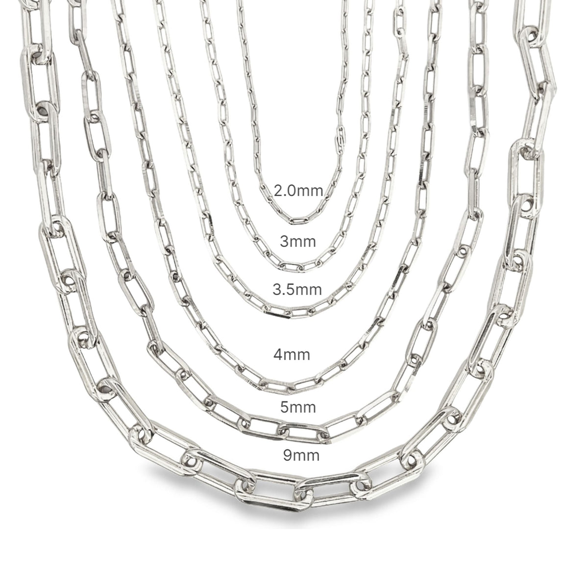 A collection of silver paperclip chain necklaces displays various link widths, ranging from 2.0mm to 9mm.