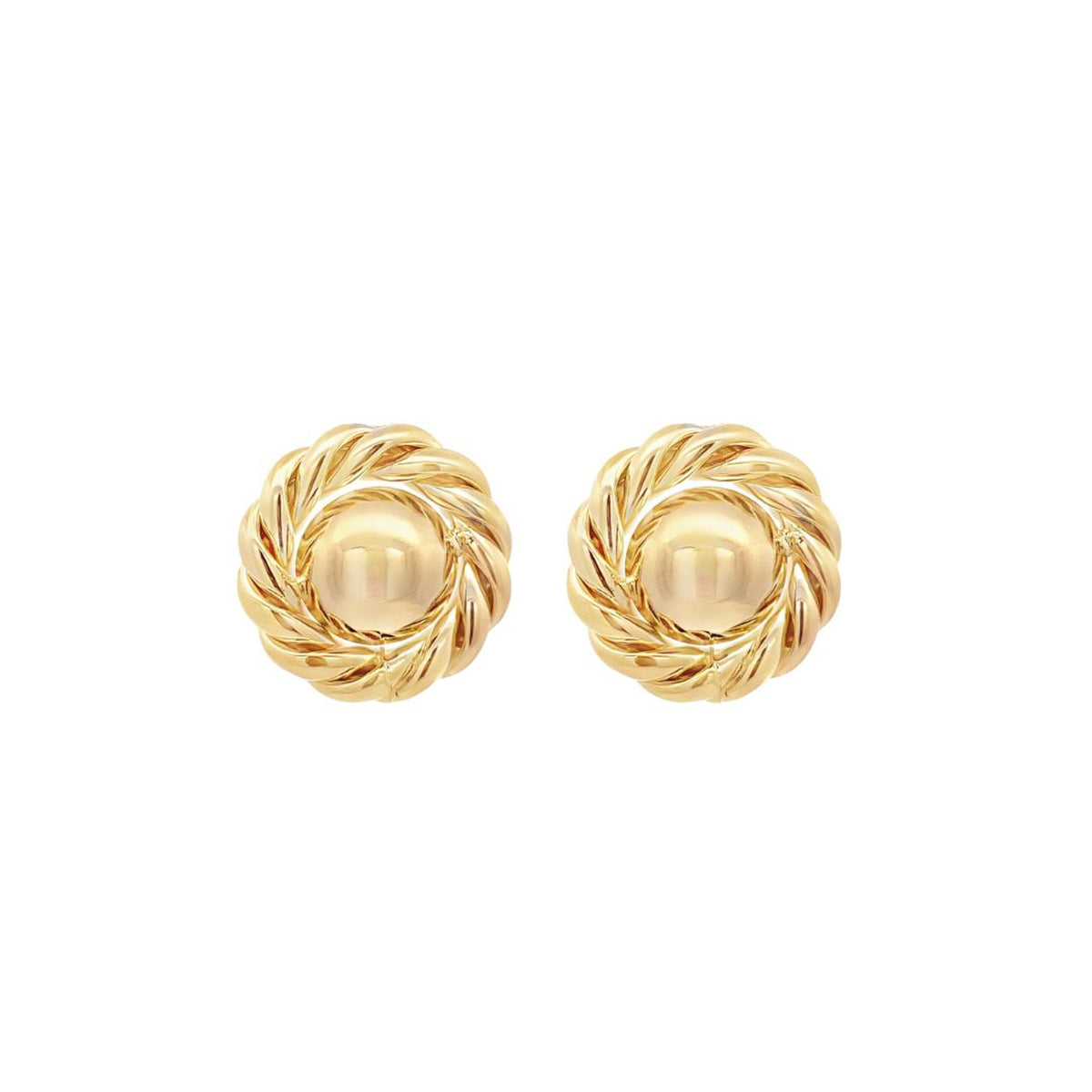 A pair of elegant gold dome stud earrings features a polished spherical center surrounded by a twisted rope design.