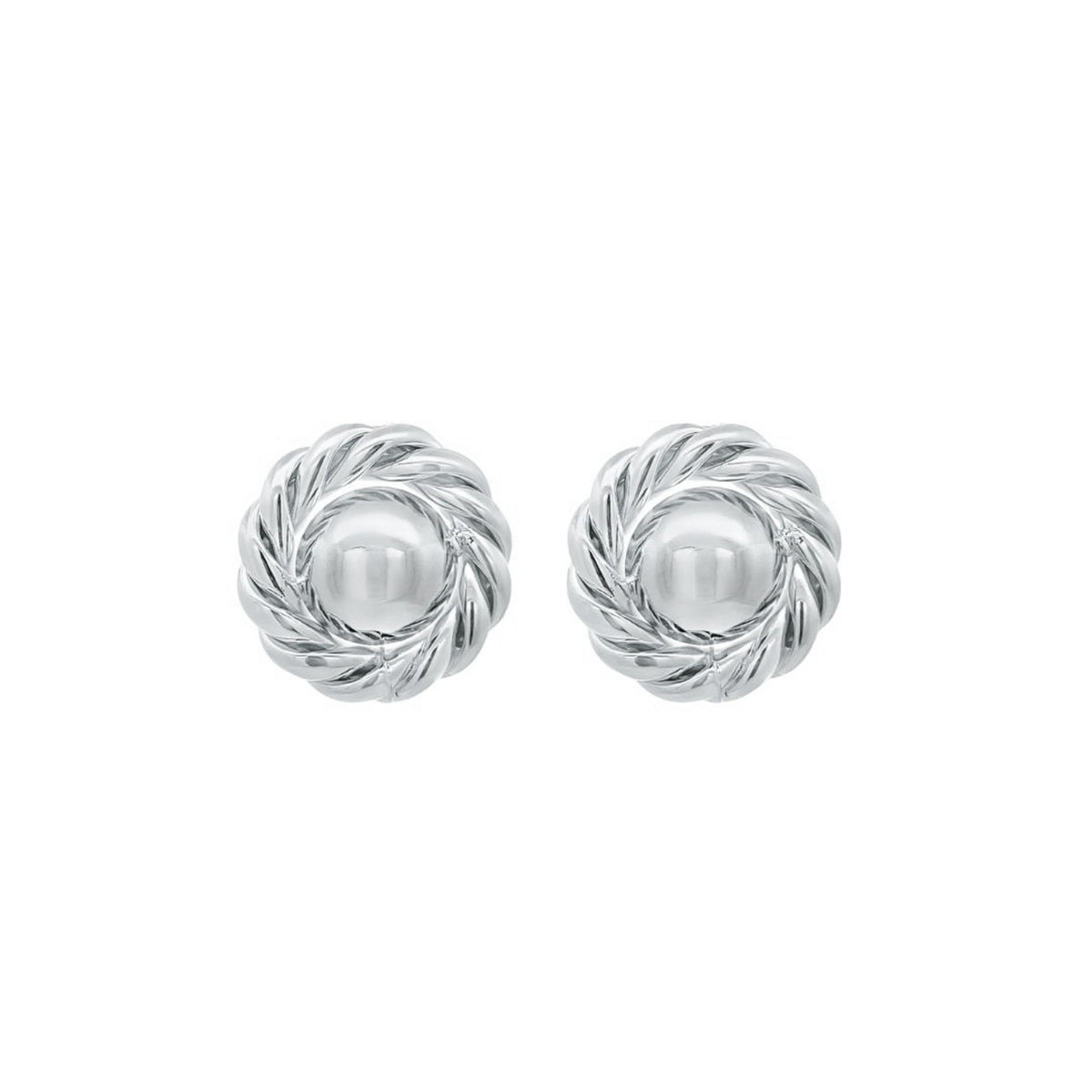 A pair of polished silver stud earrings features a central dome surrounded by a textured, twisted rope design.