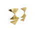 A pair of modern gold statement earrings featuring stacked geometric triangles gleams against a white background.