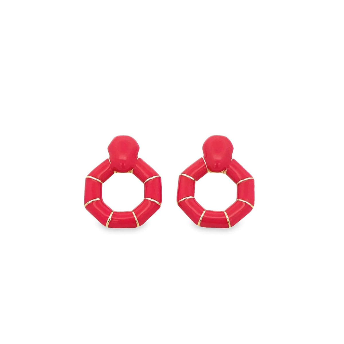 A pair of vibrant red enameled hoop earrings features segmented gold detailing against a clean white background.